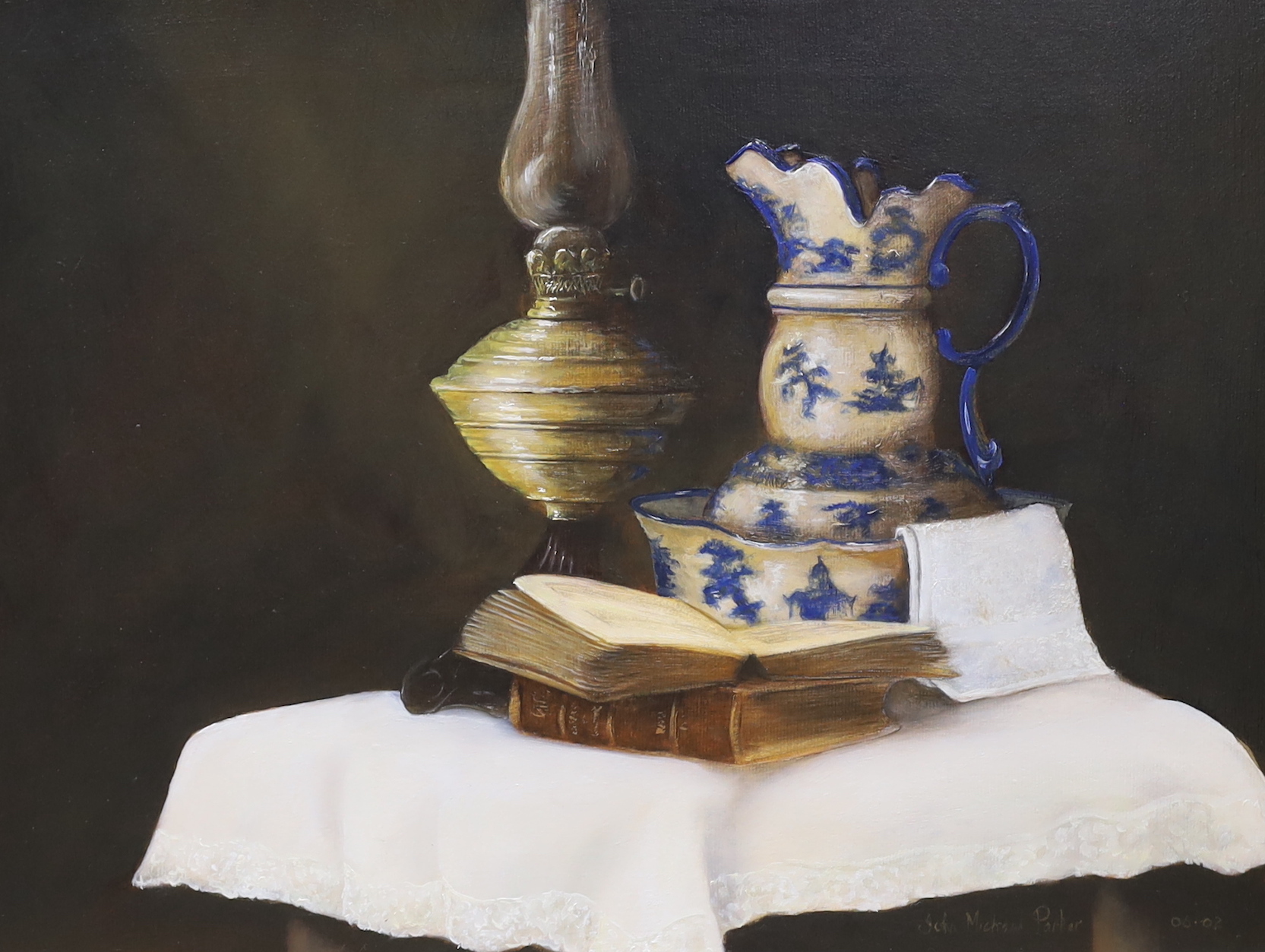 John Michael Parker, oil on canvas, 'The bedroom table', signed and dated 06.02, details verso, 30 x 39cm